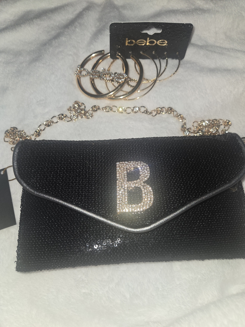 bebe Black Crystal 'B' Chain Clutch